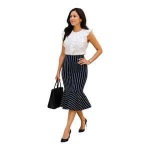 Ann Taylor Striped Flounce Skirt Size M | Deep Navy - White and Green Stripes